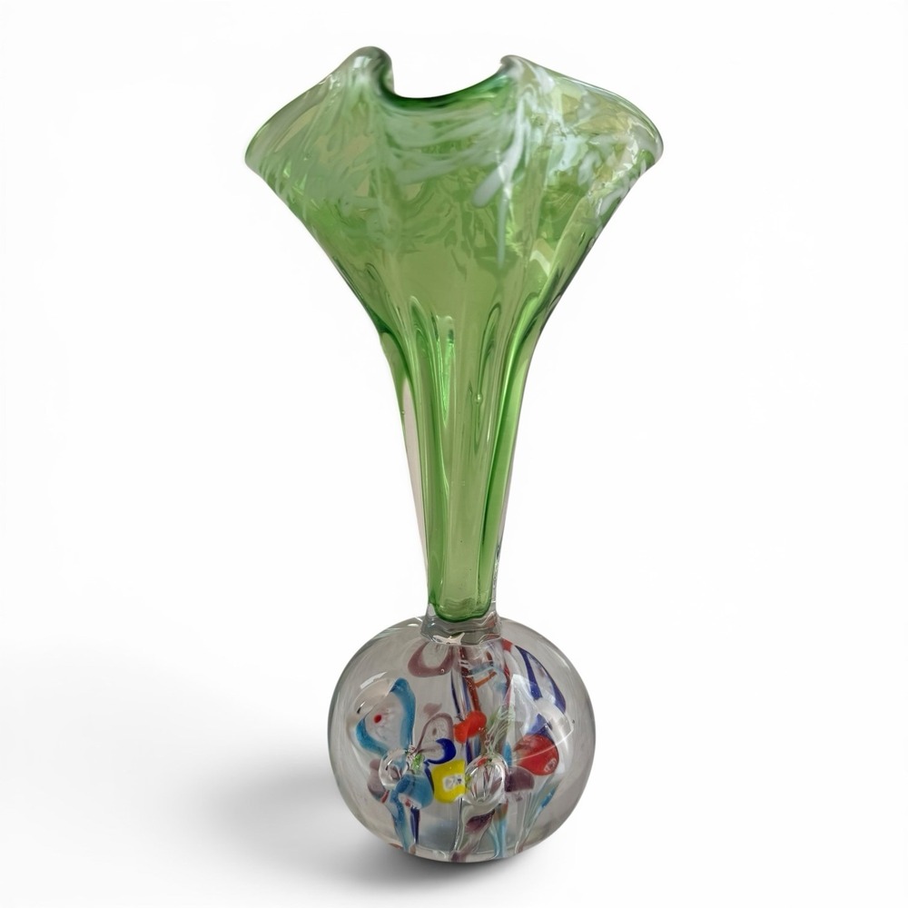 Vintage Murano Style Art Glass Bud Vase Green Millefiori Controlled Bubble Base